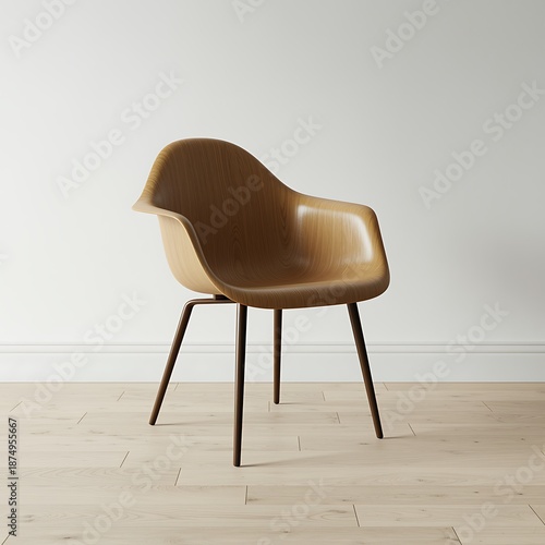 Modern wooden armchair with curved design placed on a light wooden floor