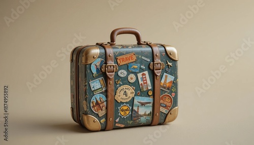 Vintage travel suitcase with colorful stickers and travel labels on beige background