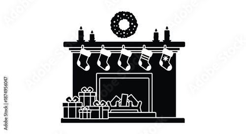 festive holiday fireplace with stockings and presents silhouette high quality professional detailed modern elegant stylish clean