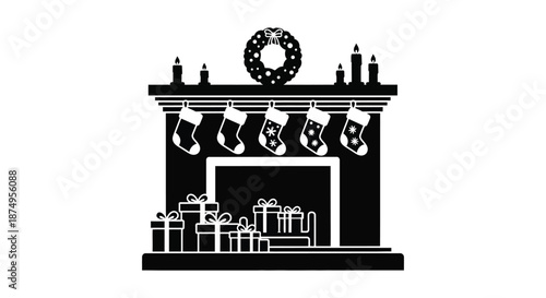 black and white christmas stockings hanging on a festive mantle silhouette high quality professional detailed modern