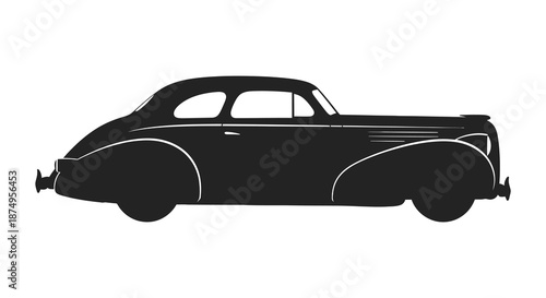 A classic vintage automobile side view illustration presented in a striking black silhouette