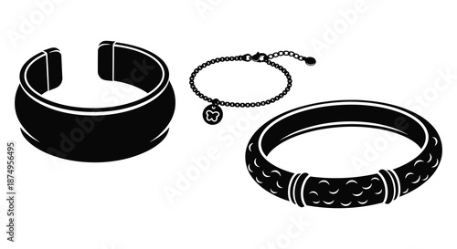 three black and white bracelets with distinctive designs silhouette high quality professional detailed modern elegant stylish