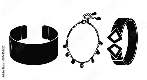 three black jewelry pieces with distinctive designs silhouette high quality professional detailed modern elegant stylish clean