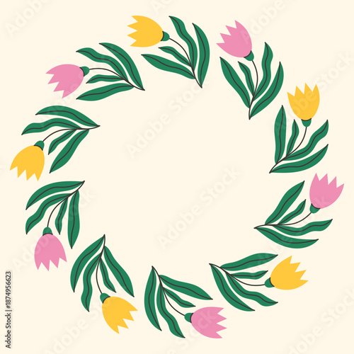 March 8 Tulip Wreath. International Women Day Card Template with hand Drawn Modern  Colorful Floral Chaplet. Spring Botanical Decor. Vector illustration