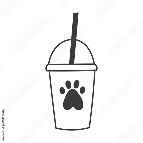 Takeaway Cup with Straw and Paw Print Icon. Cold drink container featuring pet footprint drawn in black ink line style. Playful hand drawn sketch artwork for cafe decor, vector beverage element