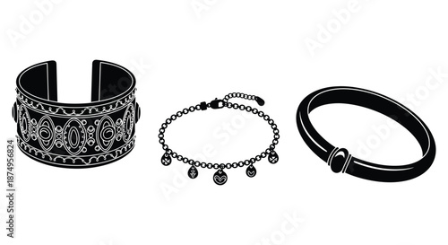 three black jewelry pieces with intricate designs silhouette high quality professional detailed modern elegant stylish clean