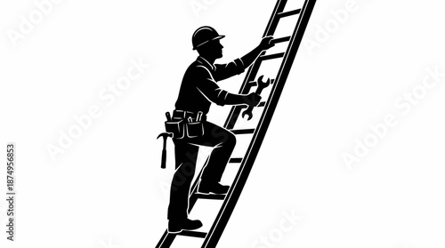 Vector Worker Climbing Ladder Silhouette – Black Profile with Hard Hat and Tools for Construction, Safety, and Labor Design Themes