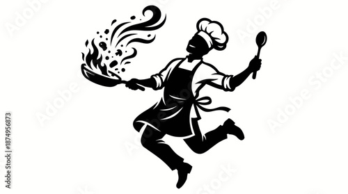 Vector Jumping Chef Silhouette – Dynamic Black Illustration with Frying Pan and Flames for Culinary, Promotional, and Kitchen-Themed Design Projects
