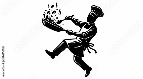 Vector Jumping Chef Silhouette – Dynamic Black Illustration with Frying Pan and Flames for Culinary, Promotional, and Kitchen-Themed Design Projects