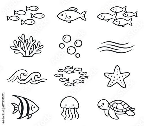 Hand drawn line art ocean elements set featuring fish, turtle, starfish, jellyfish, coral, bubbles, and waves for aquatic design