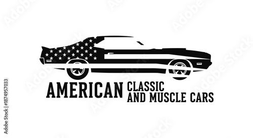 A striking black silhouette of a classic american muscle car with a patriotic design silhouette