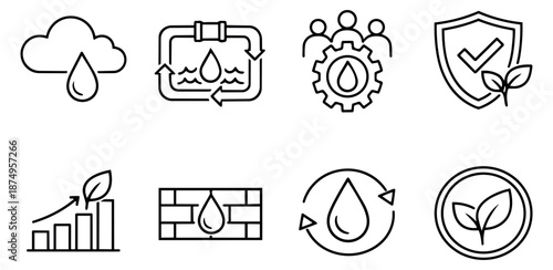 Line art ecology icons set featuring water drops, leaves, and environmental themes for sustainability designs
