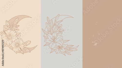 Vector Floral Crescent Moon Panels – Botanical and Celestial Line Art for Nature, Mysticism, and Feminine Design Themes