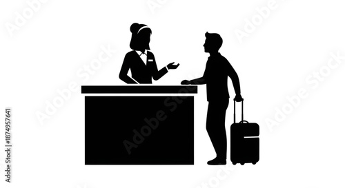 Minimalist Silhouette of a Guest Checking In at a Hotel Reception Desk with Suitcase