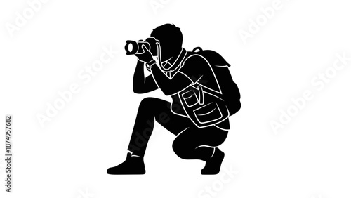 Vector Photographer Silhouette – Kneeling Pose with Camera, Vest, and Backpack for Outdoor, Travel, and Professional Photography Design Themes