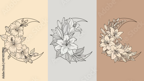 Vector Floral Crescent Moon Panels – Botanical and Celestial Line Art for Nature, Mysticism, and Feminine Design Themes