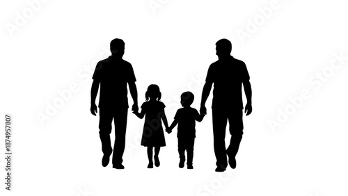 Vector Family Unity Silhouette – Group of Five Walking Hand-in-Hand for Togetherness, Bonding, and Social Connection Design Themes