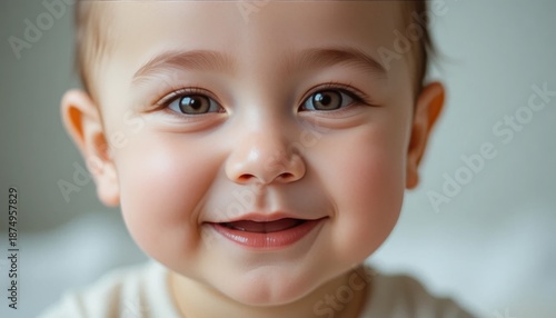 Adorable baby with bright eyes and sweet smile looking directly at camera