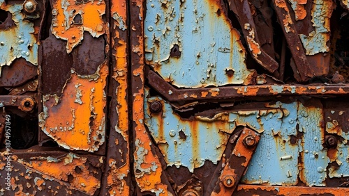 Abstract industrial art with metal corrosion effect, damaged paint layer, orange, brown and blue colors