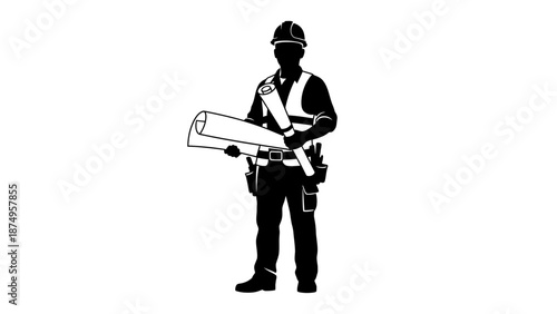 Vector Worker Silhouette with Hard Hat – Standing Pose with Tools and Uniform for Safety, Labor, and Industrial Design Themes