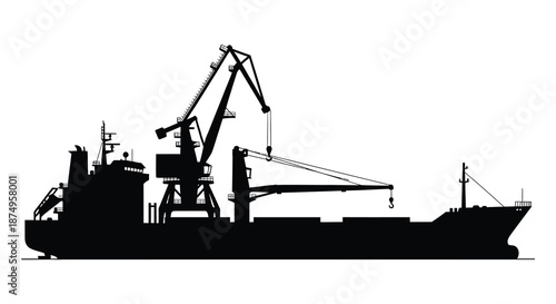 a large cargo ship with a crane on deck silhouette high quality professional detailed modern elegant