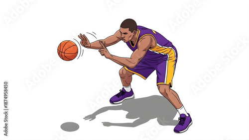 Dynamic illustration of a basketball player dribbling a ball during a game