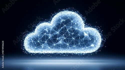 A glowing digital cloud composed of interconnected nodes and lines, symbolizing data storage and connectivity in a tech environment