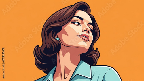 Woman with brown hair and blue shirt looks up with confident expression on orange background