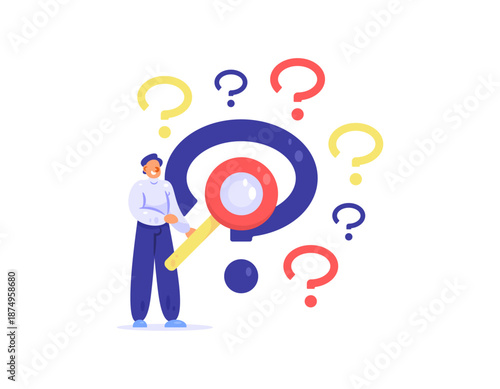 a question concept. illustration of a man using a magnifying glass to find answers and solutions. problem solving, faq or frequently asked questions. wondering and confused. flat style metaphor design
