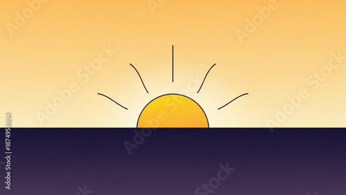 Sunrise over the ocean with vibrant yellow and dark blue contrasting colors in a simple illustration style