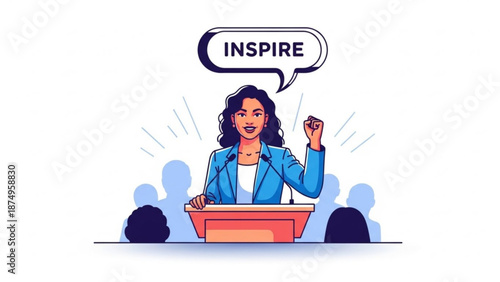 Businesswoman giving motivational speech to audience at podium with inspire speech bubble