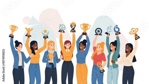 Diverse group of business professionals celebrating success with trophies and awards in a vibrant flat design illustration