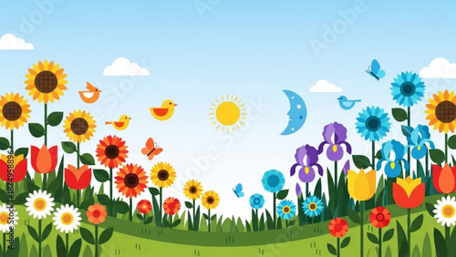 Vibrant spring garden with sunflowers tulips daisies butterflies and birds under sunny sky with moon