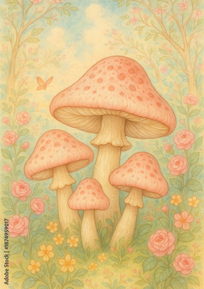 Obraz premium Whimsical mushrooms in pastel forest.