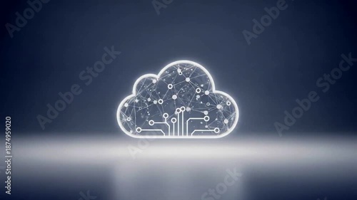 A glowing cloud icon with digital connections representing technology and data transfer against a dark background