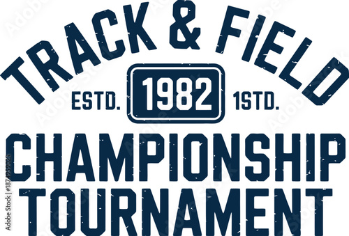 Dark blue track and field championship tournament text with 1982 badge