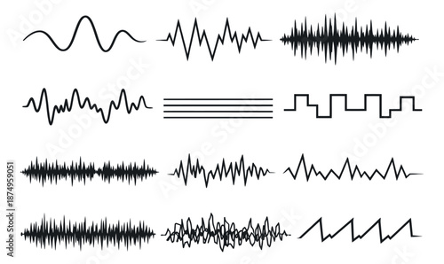 Line art sound wave set featuring various audio equalizer and signal forms for music and technology