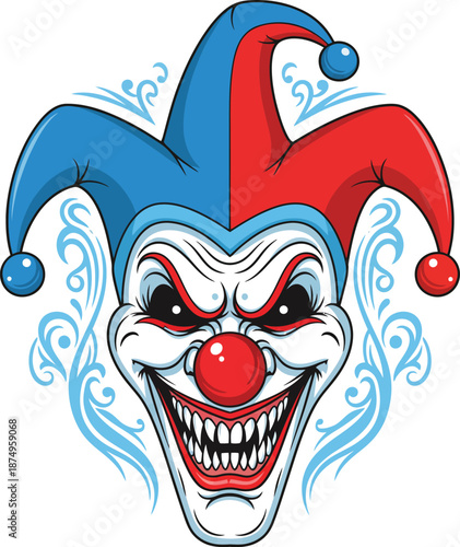 Sinister joker head with a menacing grin glowing red eyes and a red and blue jester hat.