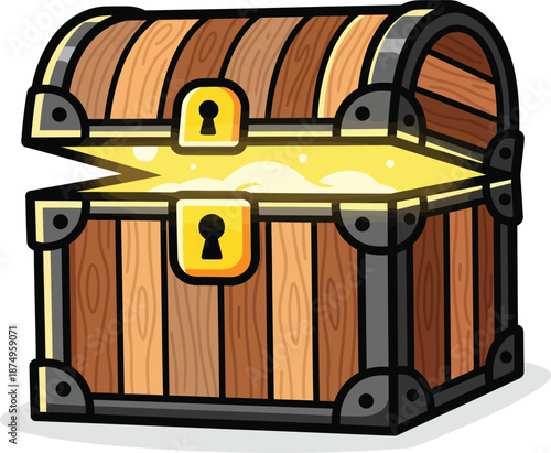 Slightly open cartoon treasure chest with striped wood panels and a bright golden glow emanating from within.