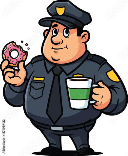 Smiling cartoon police officer in a dark uniform enjoying a coffee and a pink frosted donut.