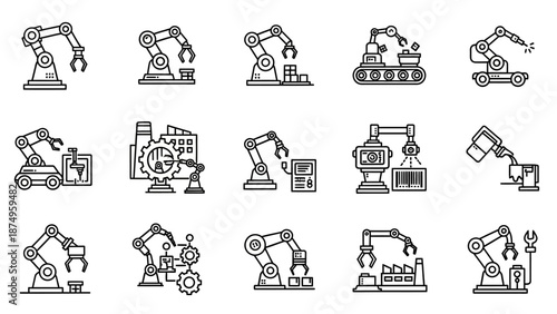 Collection of Industrial Robot Arm Icons.
