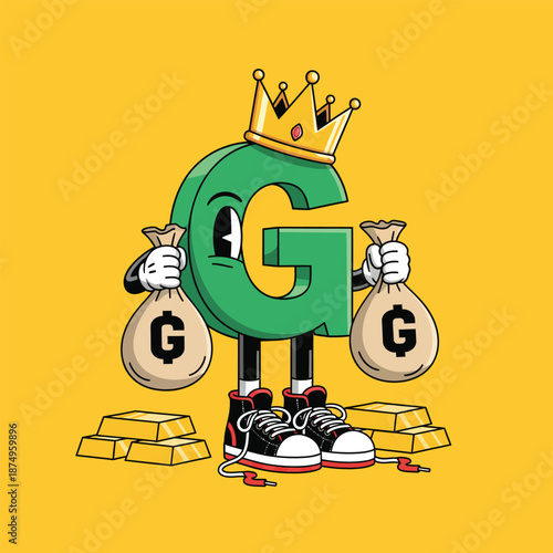Wealthy green cartoon letter G character wearing a gold crown and sneakers holding two money bags.