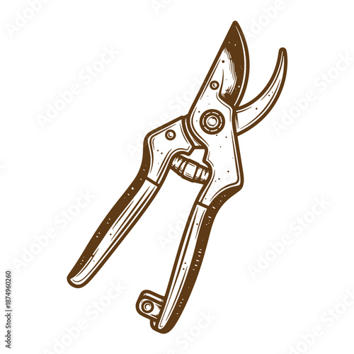 Drawing Vintage Brown illustration of pruning shears with two handles and blades for gardening and plant care  tool for cutting and trimming plants