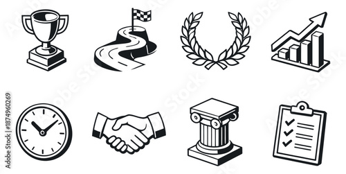 Hand drawn line art business success concept set featuring a trophy, finish line flag, handshake, and growth chart for achievement and goal setting