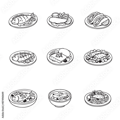 Vector illustration showcasing nine different seafood dishes, each presented on a separate plate. The variety includes fish, tacos, and soups, highlighting culinary diversity and presentation.