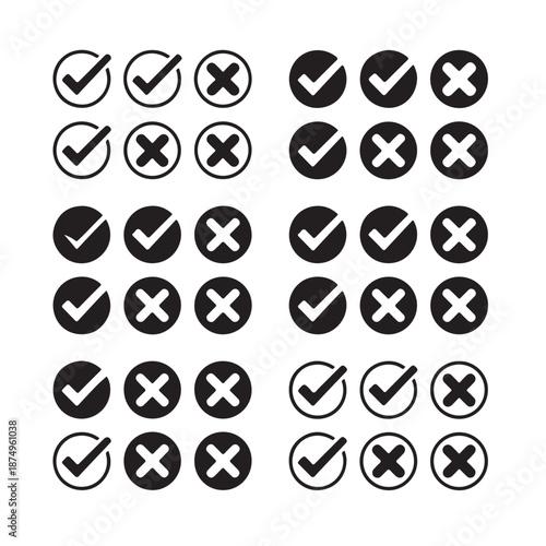 Set of black and white vector icons featuring round web buttons and business pictogram signs in a circular pattern design for internet and computer safety art illustrations.