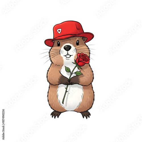 Groundhog day isolated groundhog wearing red hat holding rose isolated on transparent background