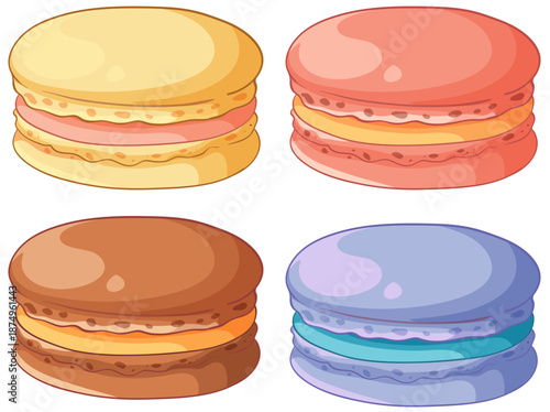 Set of Four Colorful French Macarons Vector Illustration on White Background