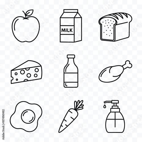 Collection of black outline icons representing food and drink items and a soap dispenser apple