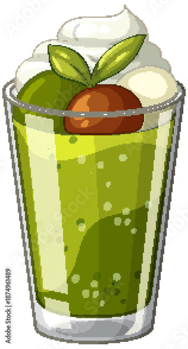Matcha Green Tea Parfait Dessert with Whipped Cream and Toppings